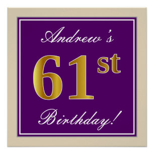 Elegant, Purple, Faux Gold 61st Birthday + Name Poster