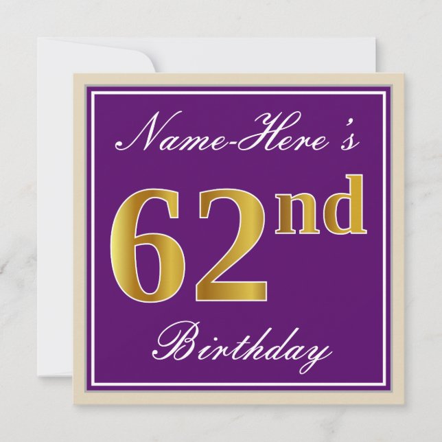 Elegant, Purple, Faux Gold 62nd Birthday + Name Invitation (Front)
