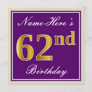 Elegant, Purple, Faux Gold 62nd Birthday + Name Invitation