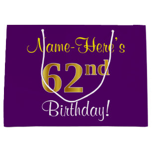 Elegant, Purple, Faux Gold 62nd Birthday + Name Large Gift Bag