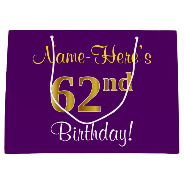 Elegant, Purple, Faux Gold 62nd Birthday + Name Large Gift Bag (Front)