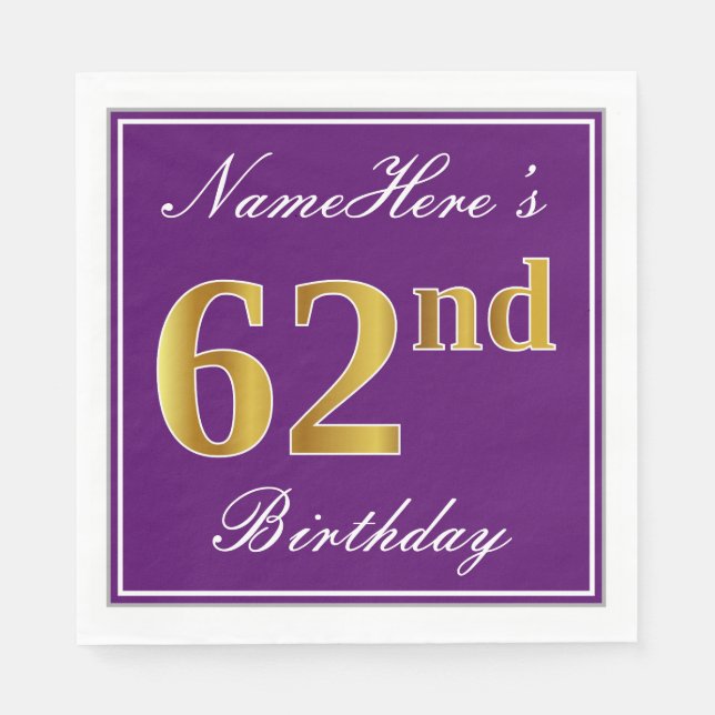Elegant Purple, Faux Gold 62nd Birthday + Name Napkin (Front)