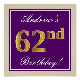 Elegant, Purple, Faux Gold 62nd Birthday + Name Poster