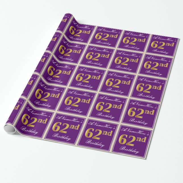 Elegant, Purple, Faux Gold 62nd Birthday + Name Wrapping Paper (Unrolled)