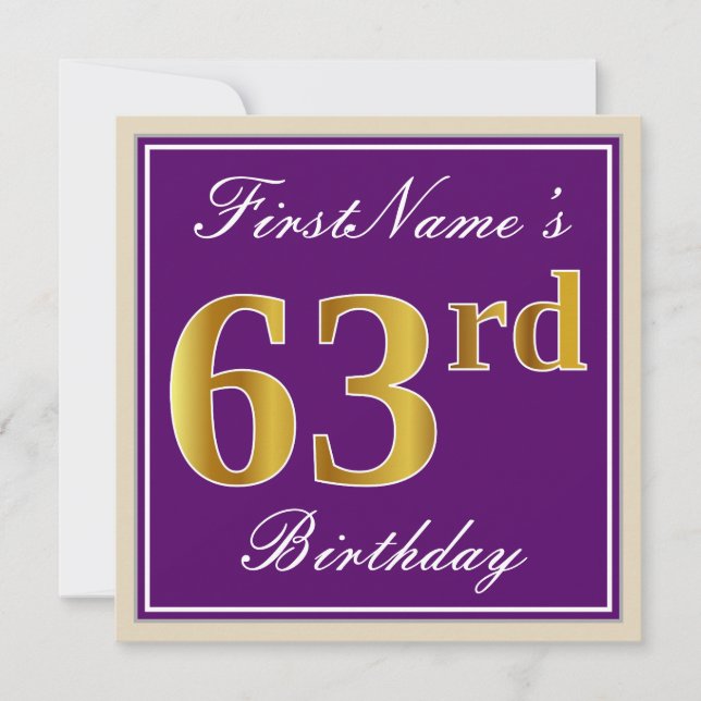 Elegant, Purple, Faux Gold 63rd Birthday + Name Invitation (Front)