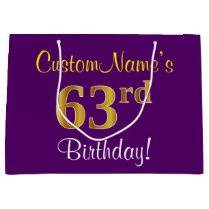 Elegant, Purple, Faux Gold 63rd Birthday + Name Large Gift Bag