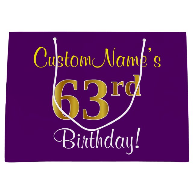 Elegant, Purple, Faux Gold 63rd Birthday + Name Large Gift Bag (Front)