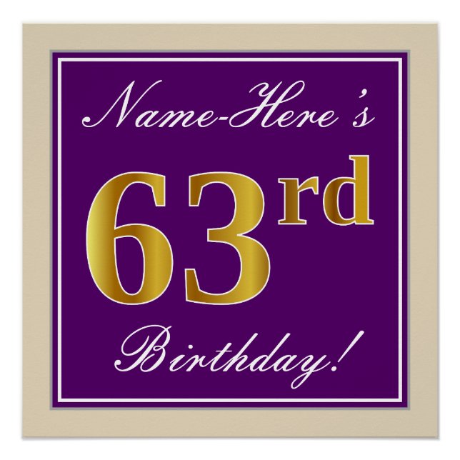 Elegant, Purple, Faux Gold 63rd Birthday + Name Poster (Front)