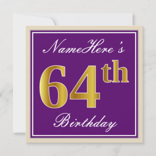 Elegant, Purple, Faux Gold 64th Birthday + Name Invitation