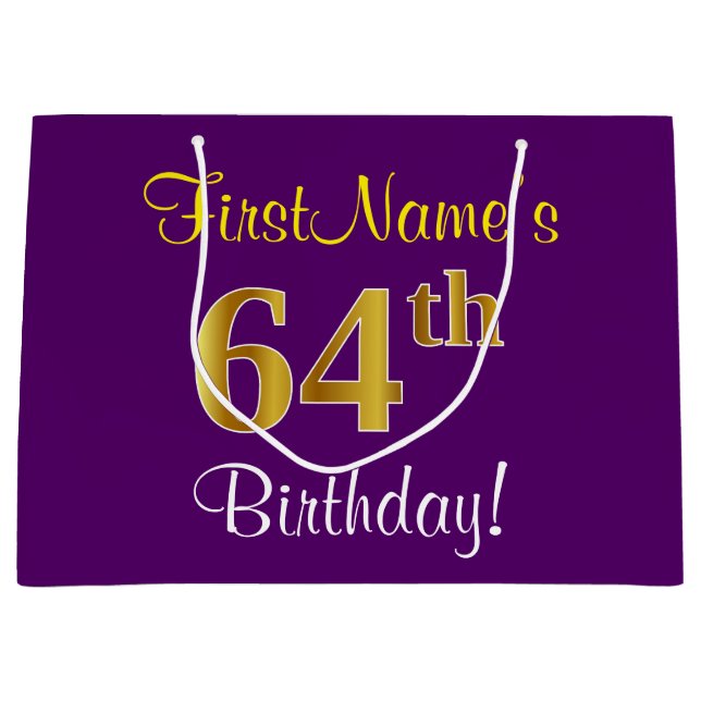 Elegant, Purple, Faux Gold 64th Birthday + Name Large Gift Bag (Front)