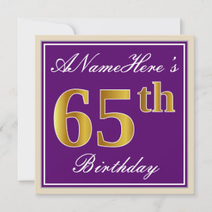 Elegant, Purple, Faux Gold 65th Birthday + Name Invitation