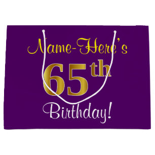 Elegant, Purple, Faux Gold 65th Birthday + Name Large Gift Bag