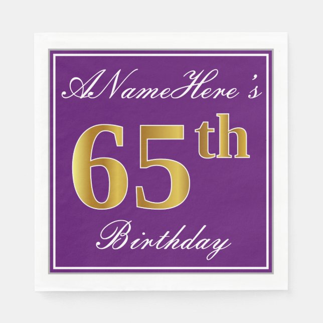 Elegant Purple, Faux Gold 65th Birthday + Name Napkin (Front)