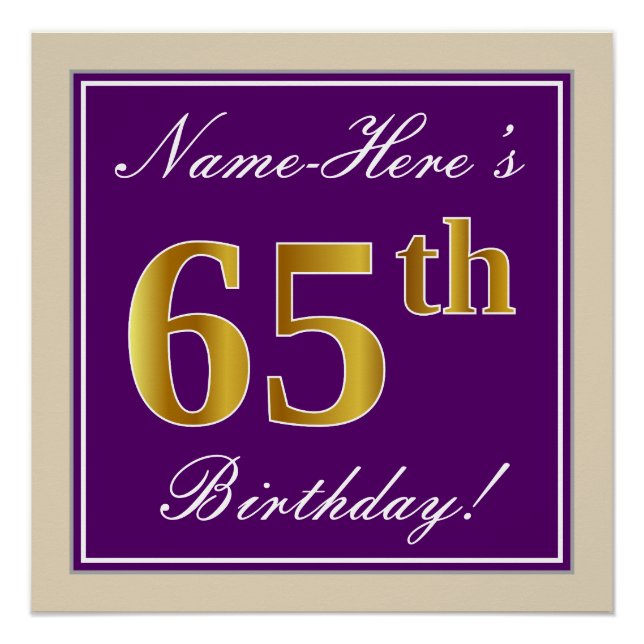 Elegant, Purple, Faux Gold 65th Birthday + Name Poster (Front)