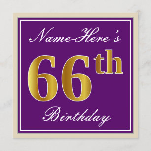 Elegant, Purple, Faux Gold 66th Birthday + Name Invitation