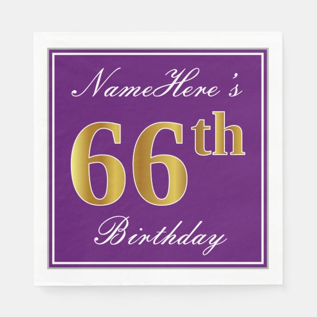 Elegant Purple, Faux Gold 66th Birthday + Name Napkin (Front)