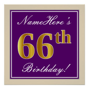 Elegant, Purple, Faux Gold 66th Birthday + Name Poster