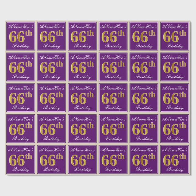 Elegant, Purple, Faux Gold 66th Birthday + Name Wrapping Paper (Flat)
