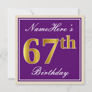 Elegant, Purple, Faux Gold 67th Birthday + Name Invitation