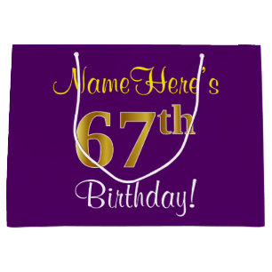 Elegant, Purple, Faux Gold 67th Birthday + Name Large Gift Bag