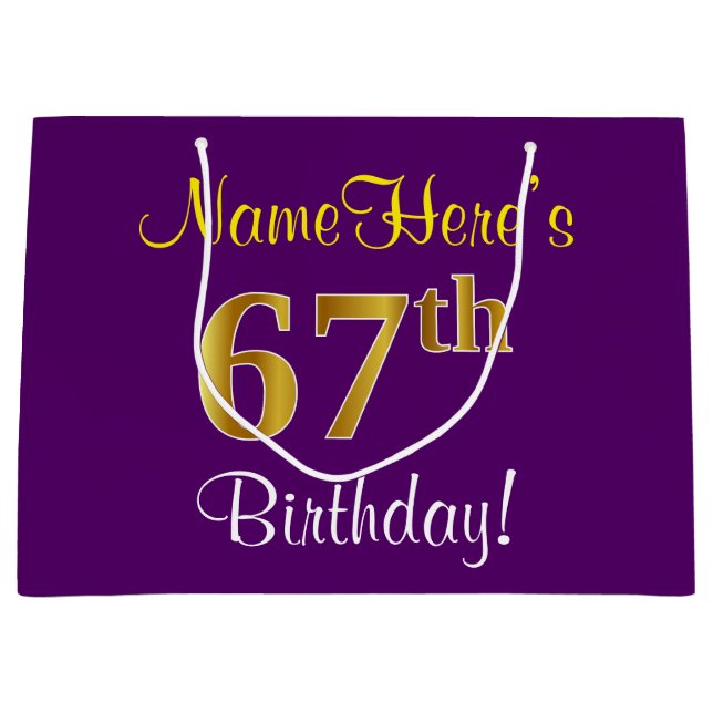 Elegant, Purple, Faux Gold 67th Birthday + Name Large Gift Bag (Front)