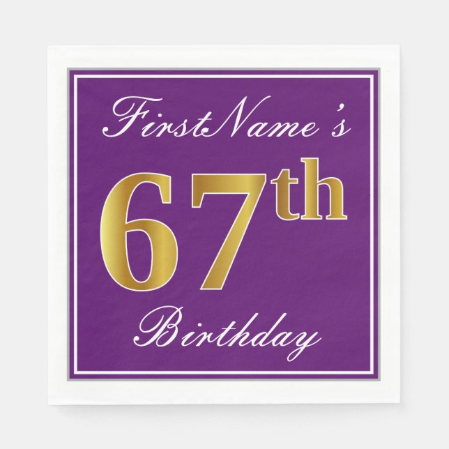 Elegant Purple, Faux Gold 67th Birthday + Name Napkin (Front)