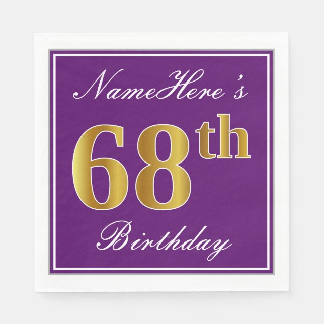 Elegant Purple, Faux Gold 68th Birthday + Name Napkin (Front)