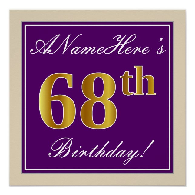 Elegant, Purple, Faux Gold 68th Birthday + Name Poster (Front)
