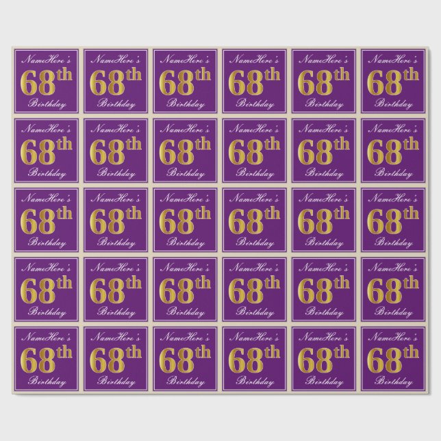 Elegant, Purple, Faux Gold 68th Birthday + Name Wrapping Paper (Flat)
