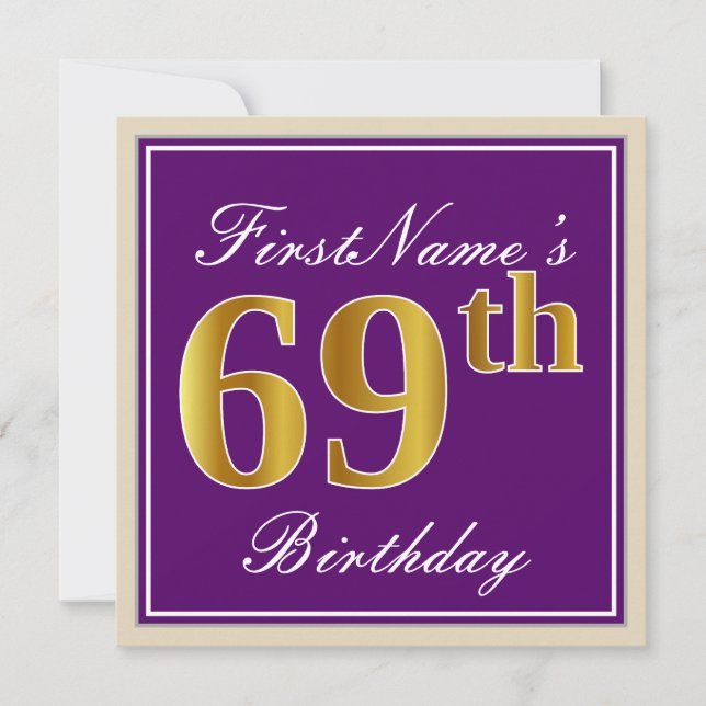 Elegant, Purple, Faux Gold 69th Birthday + Name Invitation (Front)