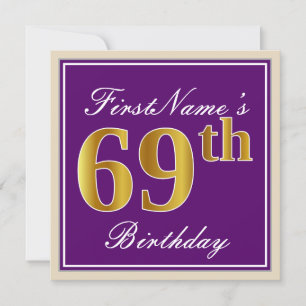 Elegant, Purple, Faux Gold 69th Birthday + Name Invitation