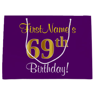 Elegant, Purple, Faux Gold 69th Birthday + Name Large Gift Bag