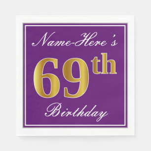Elegant Purple, Faux Gold 69th Birthday + Name Napkin