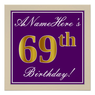 Elegant, Purple, Faux Gold 69th Birthday + Name Poster