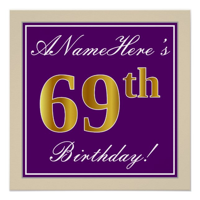 Elegant, Purple, Faux Gold 69th Birthday + Name Poster (Front)