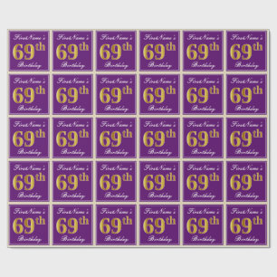 Elegant, Purple, Faux Gold 69th Birthday + Name Wrapping Paper