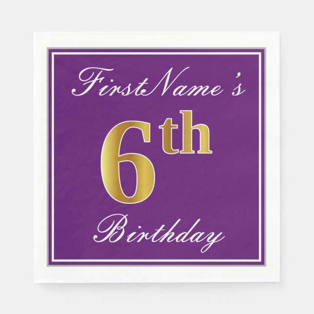 Elegant Purple, Faux Gold 6th Birthday + Name Napkin (Front)