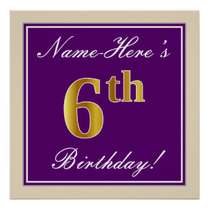 Elegant, Purple, Faux Gold 6th Birthday + Name Poster