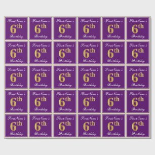 Elegant, Purple, Faux Gold 6th Birthday + Name Wrapping Paper