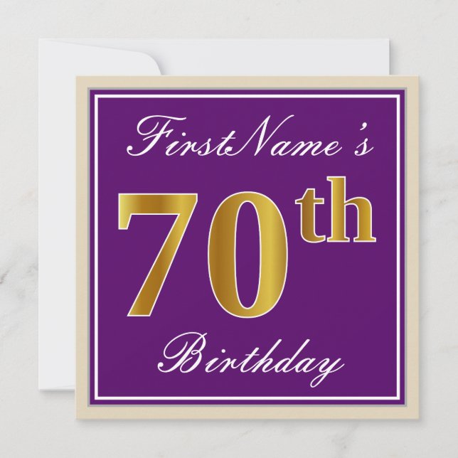 Elegant, Purple, Faux Gold 70th Birthday + Name Invitation (Front)