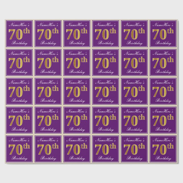 Elegant, Purple, Faux Gold 70th Birthday + Name Wrapping Paper (Flat)