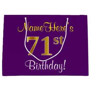Elegant, Purple, Faux Gold 71st Birthday + Name Large Gift Bag
