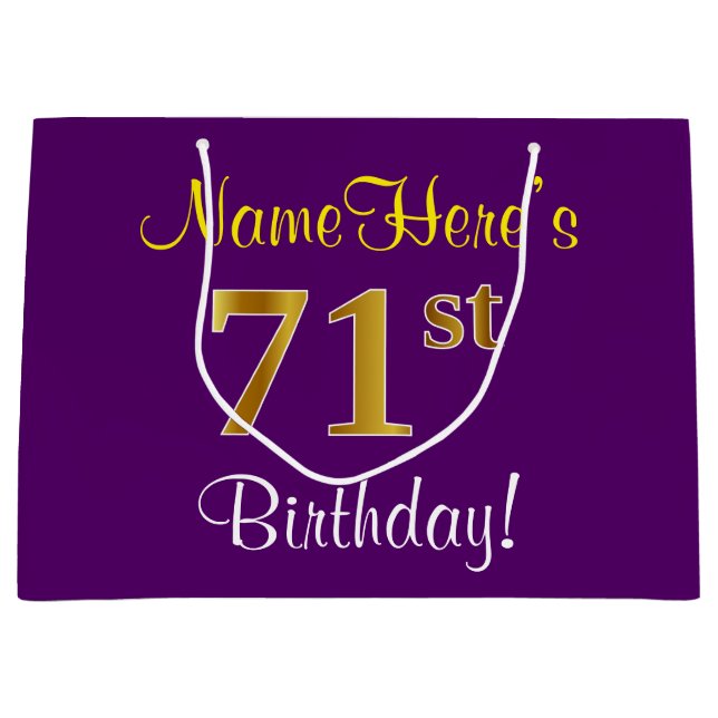 Elegant, Purple, Faux Gold 71st Birthday + Name Large Gift Bag (Front)