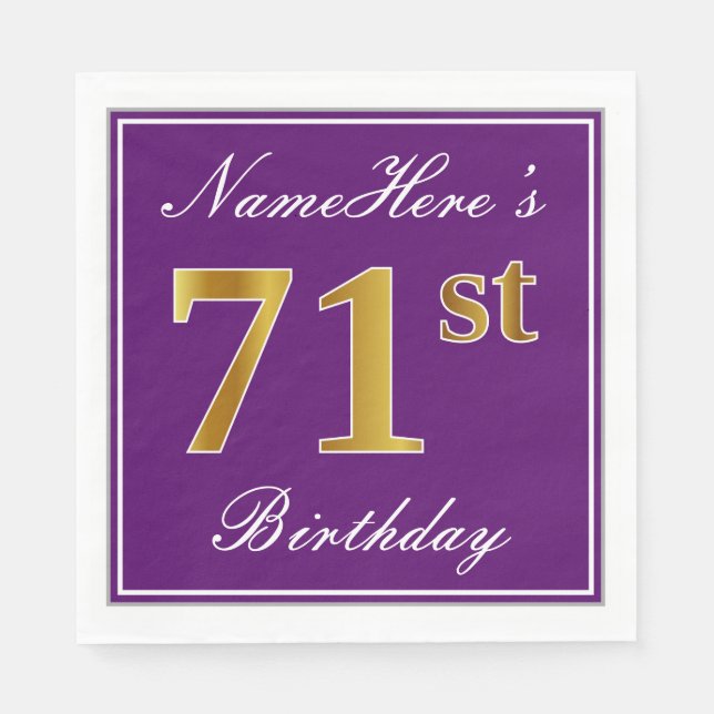 Elegant Purple, Faux Gold 71st Birthday + Name Napkin (Front)
