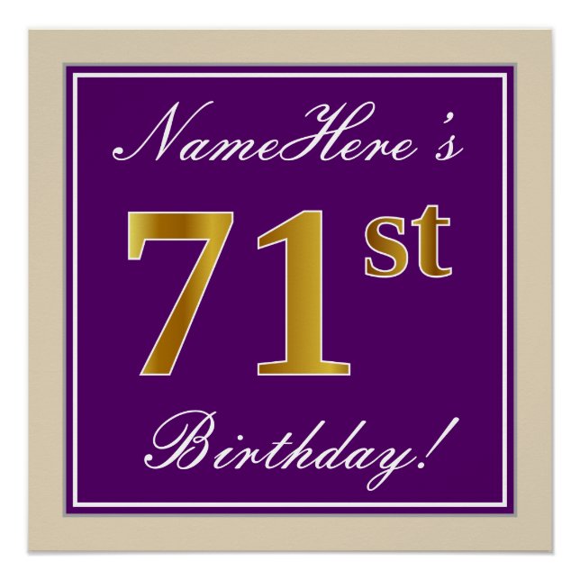 Elegant, Purple, Faux Gold 71st Birthday + Name Poster (Front)