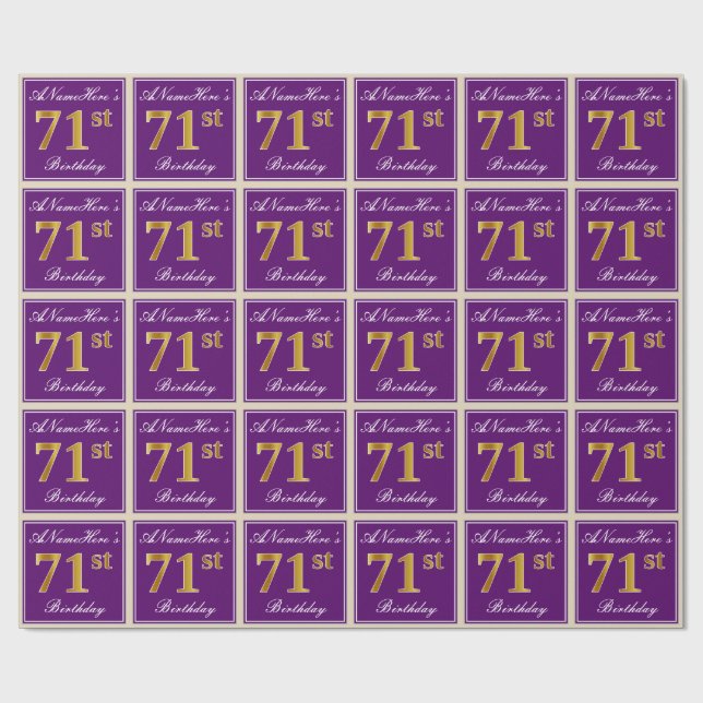 Elegant, Purple, Faux Gold 71st Birthday + Name Wrapping Paper (Flat)