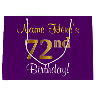 Elegant, Purple, Faux Gold 72nd Birthday + Name Large Gift Bag