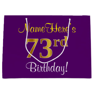 Elegant, Purple, Faux Gold 73rd Birthday + Name Large Gift Bag