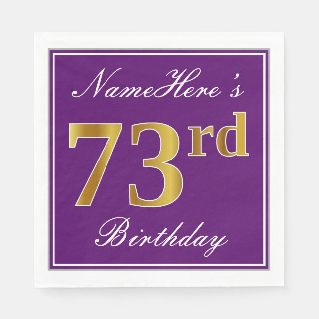 Elegant Purple, Faux Gold 73rd Birthday + Name Napkin (Front)