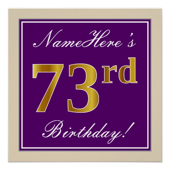 Elegant, Purple, Faux Gold 73rd Birthday + Name Poster (Front)